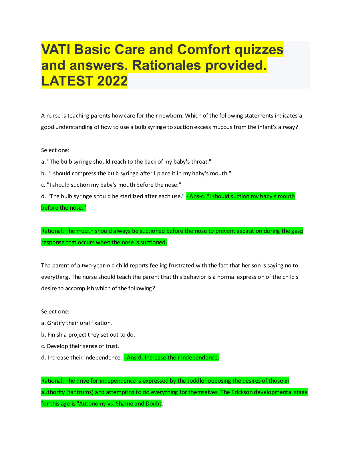 VATI Basic Care and Comfort quizzes and answers. Rationales provided